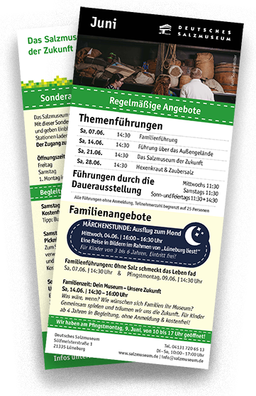 Vorschaubild für das Monatsprogramm Juni mit Blick auf die beiden Seiten des Flyers